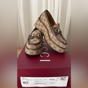 Gucci Beige and Brown Monogram Loafers